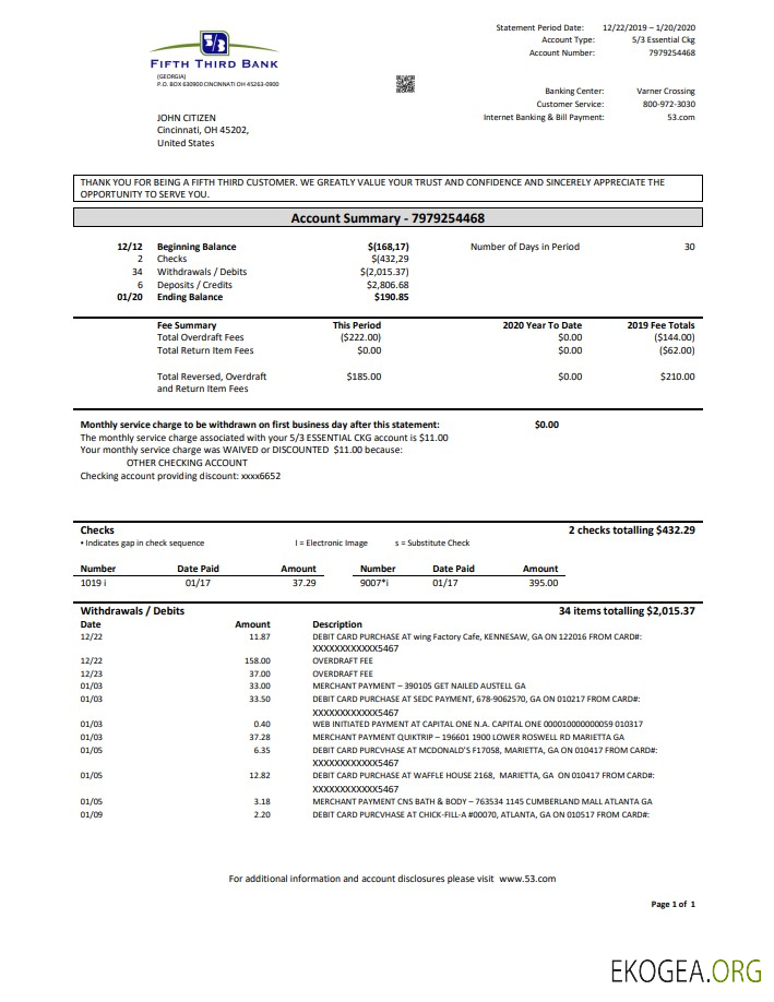 Relevé USA Fifth Third Bank au format Word et PDF (.doc et .pdf), bon pour prouver l'adresse
